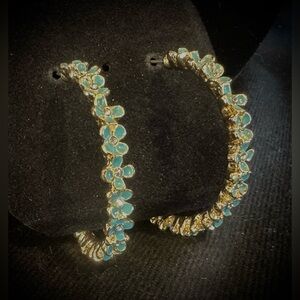 Gold and Turquoise Floral Hoop Earrings